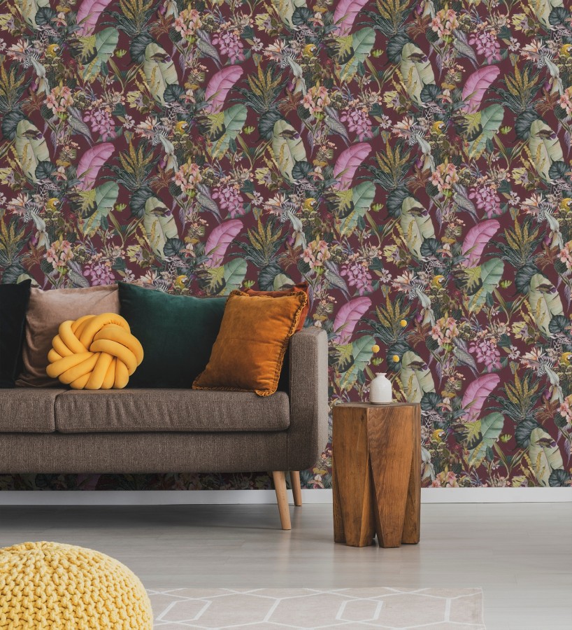 Papel pintado tropical de cebras jirafas loros y peces  Indira Exotic 684790