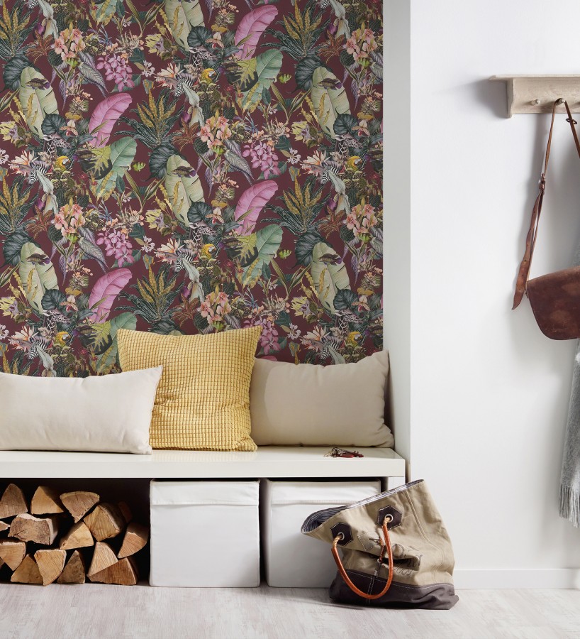 Papel pintado tropical de cebras jirafas loros y peces  Indira Exotic 684790
