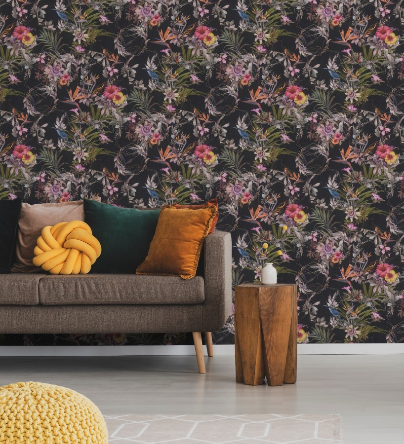 Papel pintado de flores tropicales y aves exóticas con diseño de selva densa  Zekko Savage 684791