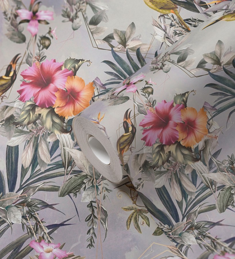 Papel pintado de flores tropicales y aves exóticas con diseño de selva densa  Zekko Savage 684792