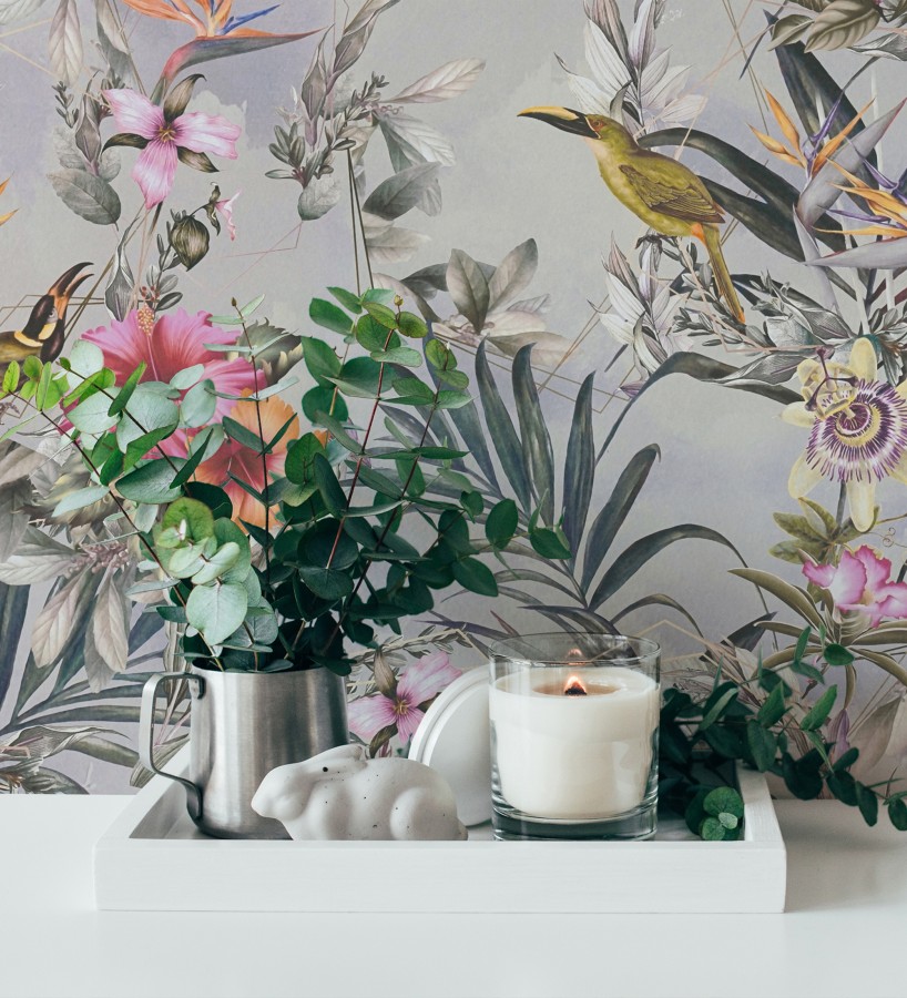 Papel pintado de flores tropicales y aves exóticas con diseño de selva densa  Zekko Savage 684792