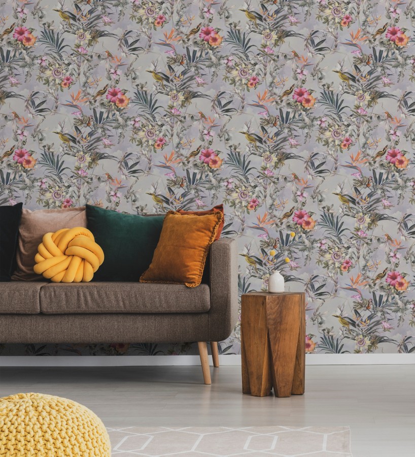 Papel pintado de flores tropicales y aves exóticas con diseño de selva densa  Zekko Savage 684792