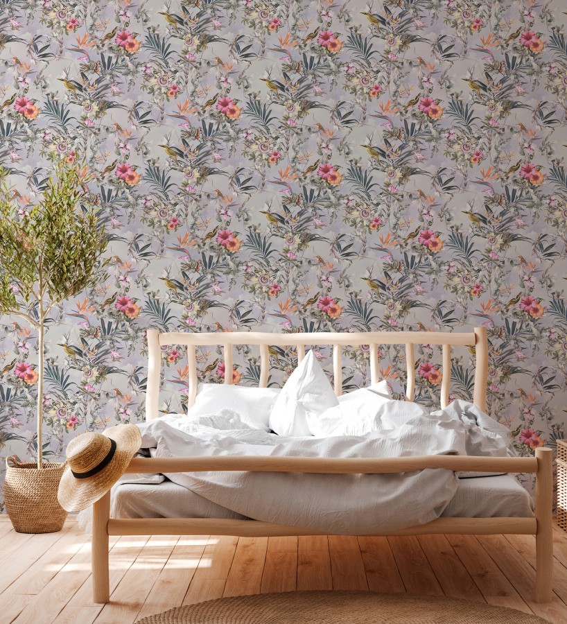 Papel pintado de flores tropicales y aves exóticas con diseño de selva densa  Zekko Savage 684792