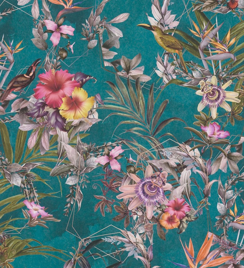 Papel pintado de flores tropicales y aves exóticas con diseño de selva densa  Zekko Savage 684793