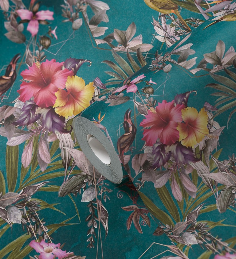 Papel pintado de flores tropicales y aves exóticas con diseño de selva densa  Zekko Savage 684793