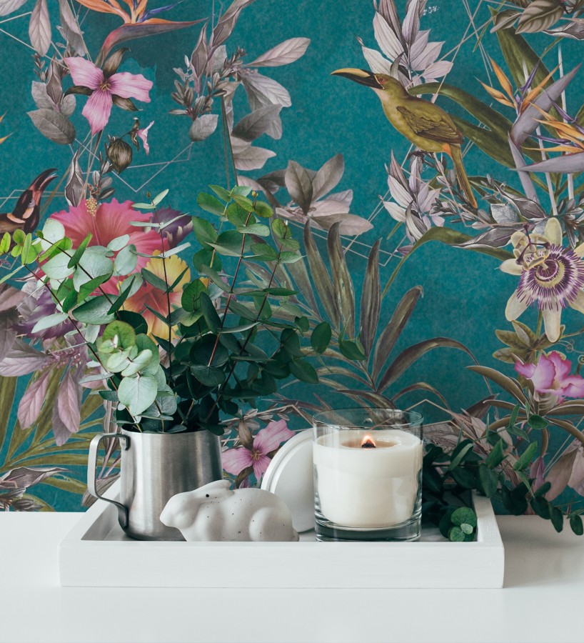 Papel pintado de flores tropicales y aves exóticas con diseño de selva densa  Zekko Savage 684793