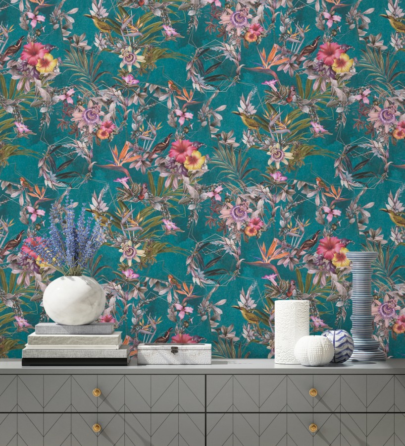 Papel pintado de flores tropicales y aves exóticas con diseño de selva densa  Zekko Savage 684793