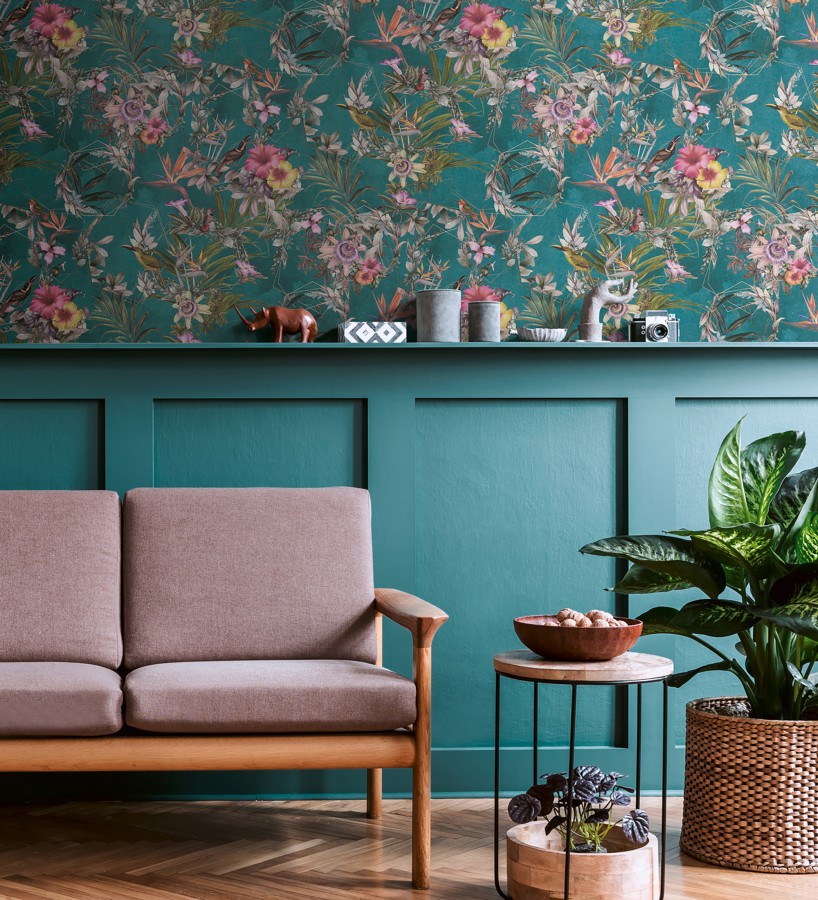 Papel pintado de flores tropicales y aves exóticas con diseño de selva densa  Zekko Savage 684793