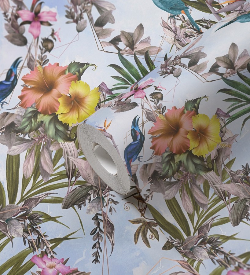 Papel pintado de flores tropicales y aves exóticas con diseño de selva densa  Zekko Savage 684794