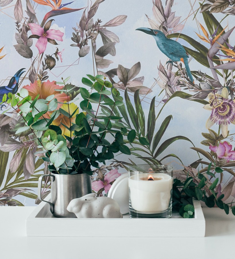 Papel pintado de flores tropicales y aves exóticas con diseño de selva densa  Zekko Savage 684794