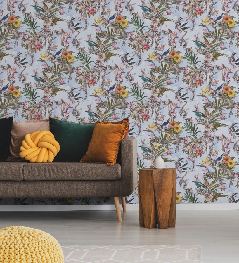 Papel pintado de flores tropicales y aves exóticas con diseño de selva densa  Zekko Savage 684794
