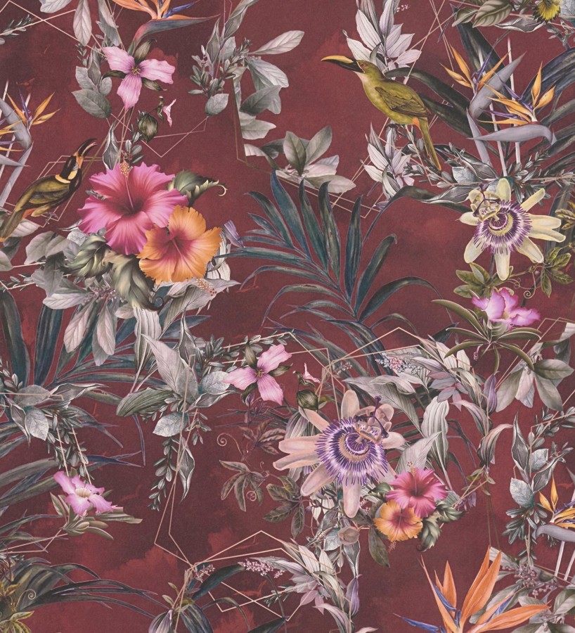 Papel pintado de flores tropicales y aves exóticas con diseño de selva densa  Zekko Savage 684795