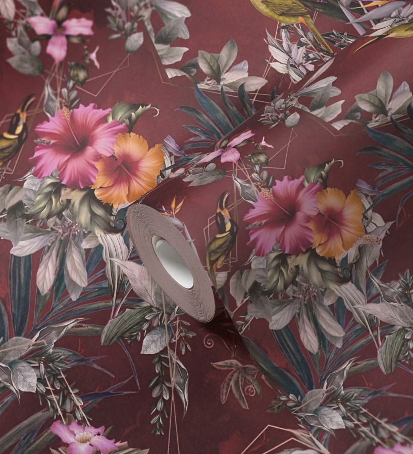 Papel pintado de flores tropicales y aves exóticas con diseño de selva densa  Zekko Savage 684795