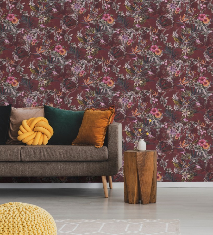 Papel pintado de flores tropicales y aves exóticas con diseño de selva densa  Zekko Savage 684795