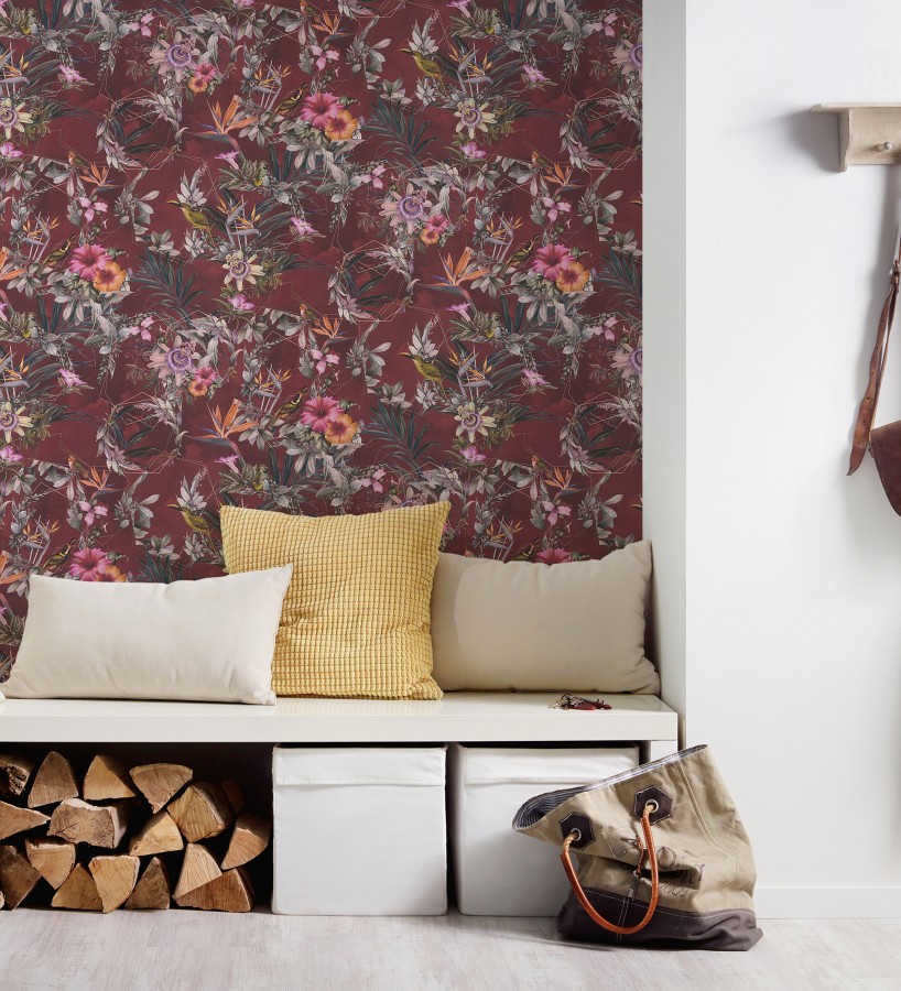 Papel pintado de flores tropicales y aves exóticas con diseño de selva densa  Zekko Savage 684795