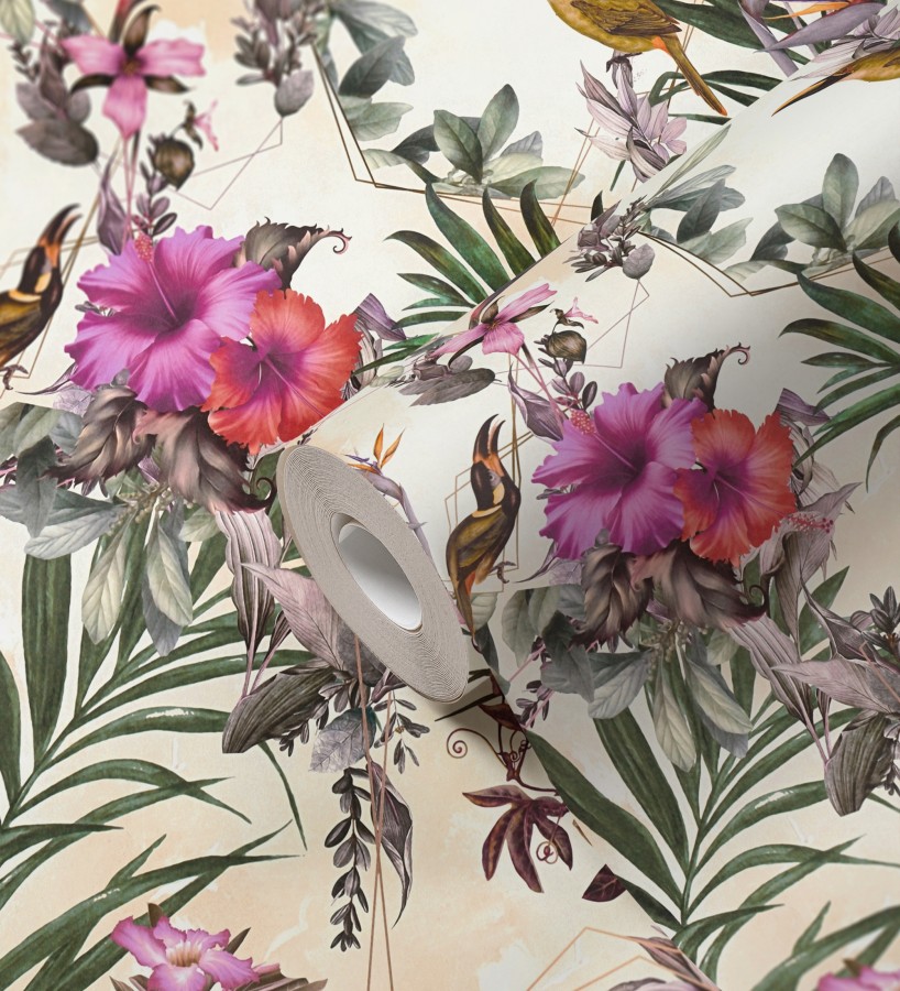 Papel pintado de flores tropicales y aves exóticas con diseño de selva densa  Zekko Savage 684796