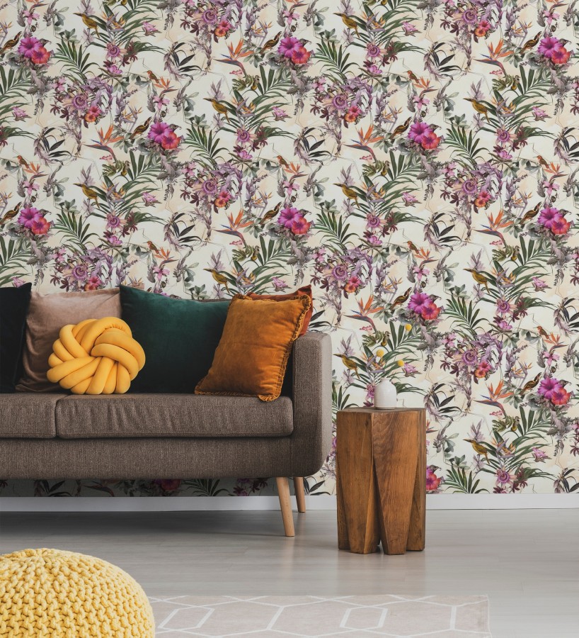 Papel pintado de flores tropicales y aves exóticas con diseño de selva densa  Zekko Savage 684796