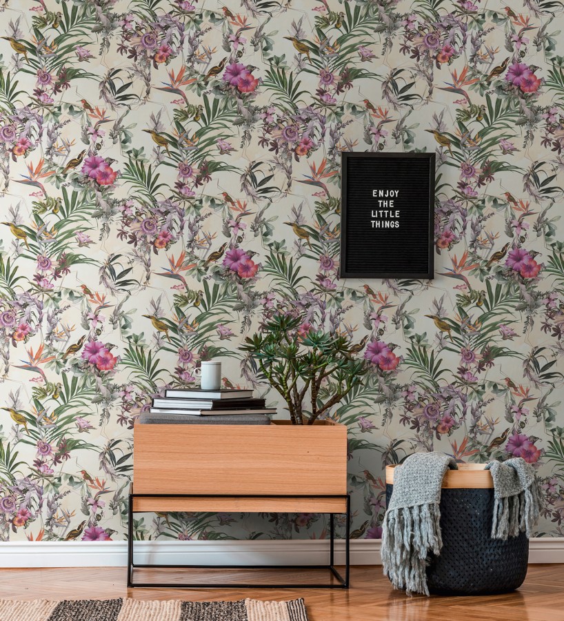Papel pintado de flores tropicales y aves exóticas con diseño de selva densa  Zekko Savage 684796
