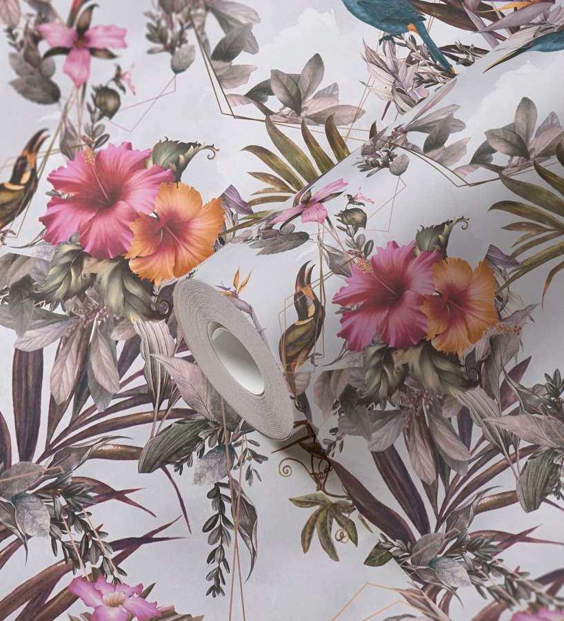 Papel pintado de flores tropicales y aves exóticas con diseño de selva densa  Zekko Savage 684797