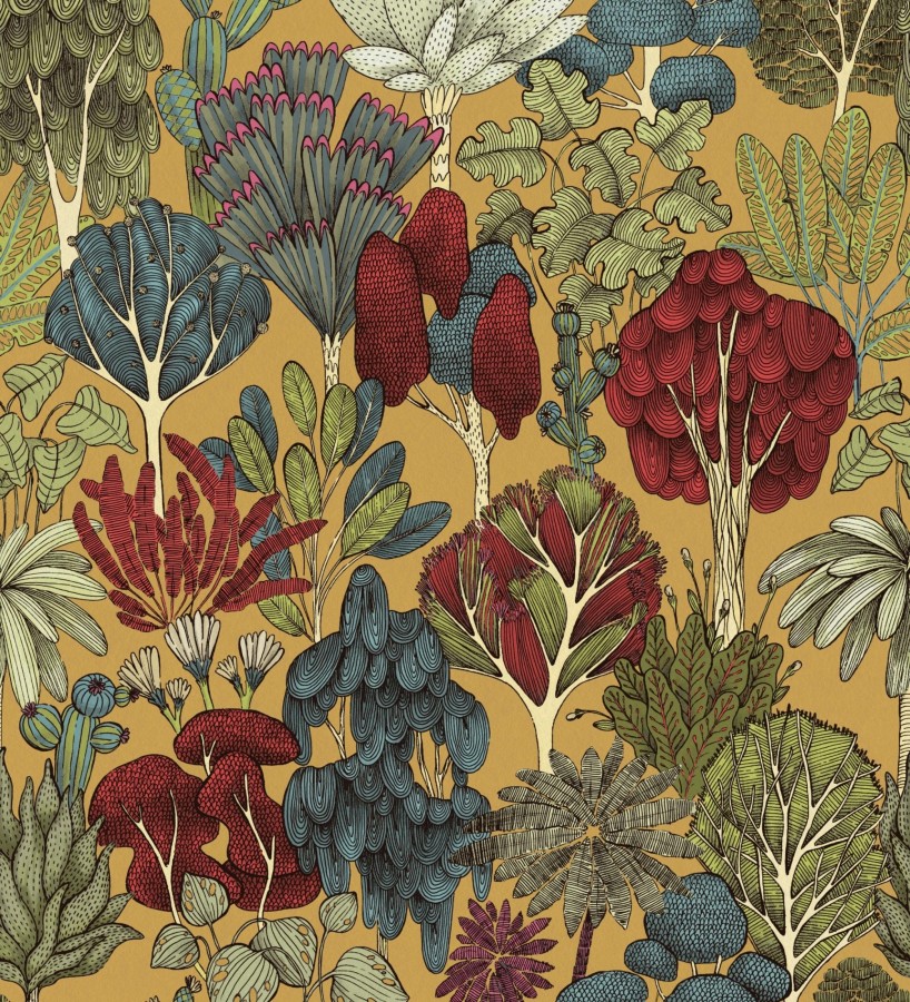 Papel pintado jardín botánico vintage fondo amarillo mostaza  Ananya Foliage 684803