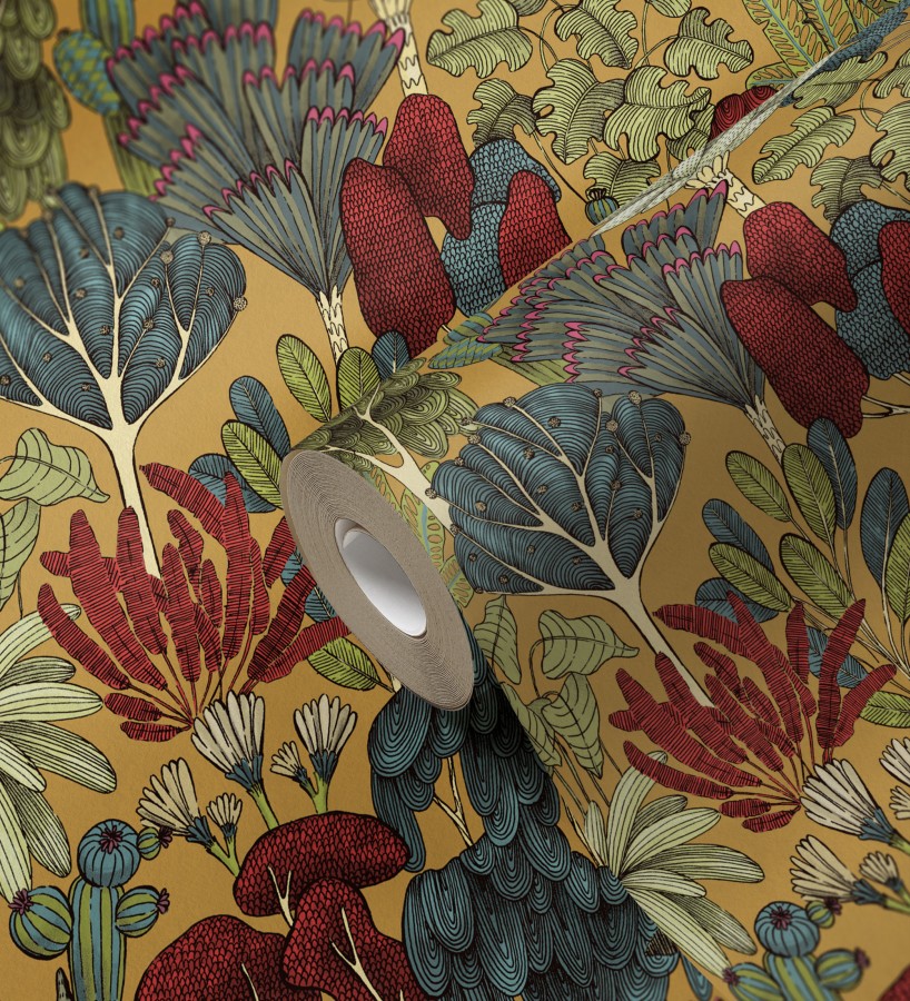 Papel pintado jardín botánico vintage fondo amarillo mostaza  Ananya Foliage 684803