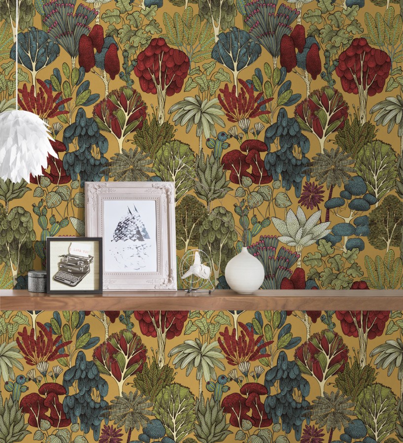 Papel pintado jardín botánico vintage fondo amarillo mostaza  Ananya Foliage 684803