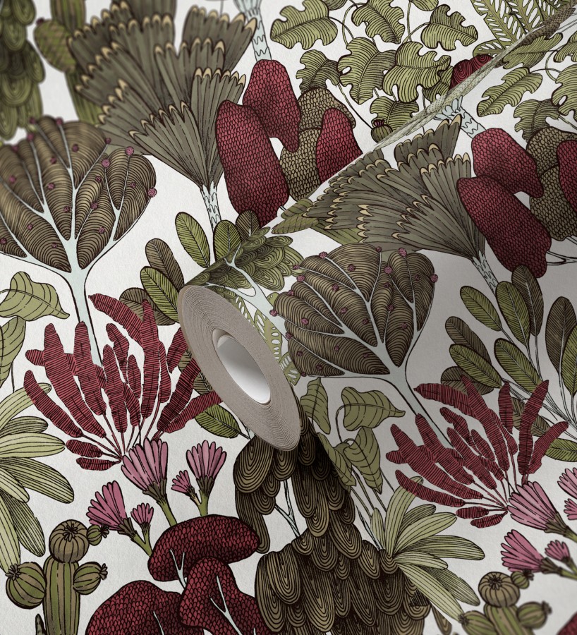 Papel pintado jardín botánico vintage fondo blanco nácar  Ananya Foliage 684804