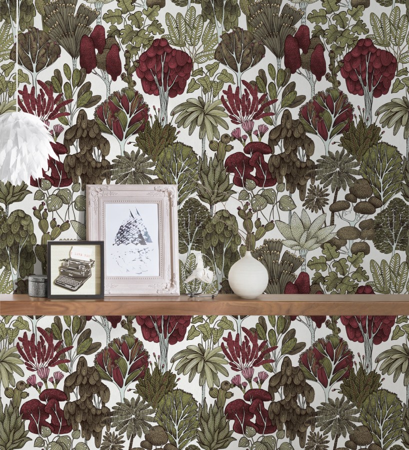 Papel pintado jardín botánico vintage fondo blanco nácar  Ananya Foliage 684804