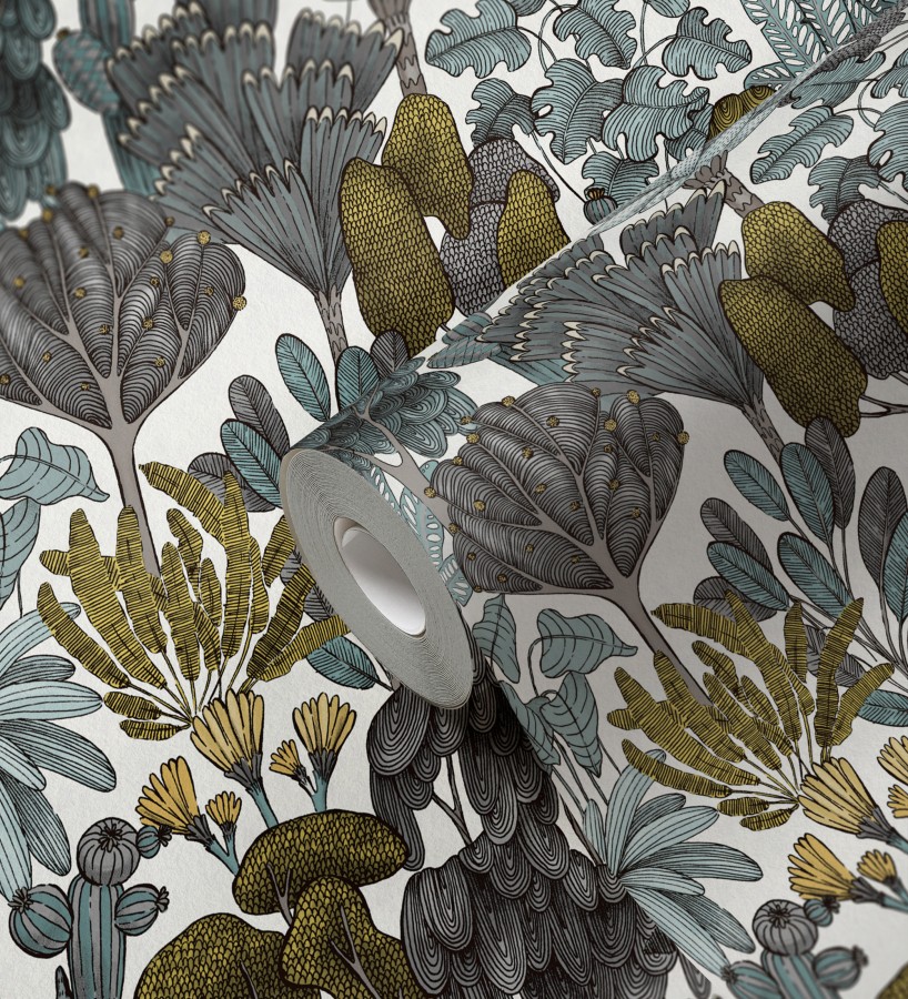 Papel pintado jardín botánico vintage fondo blanco nácar  Ananya Foliage 684805