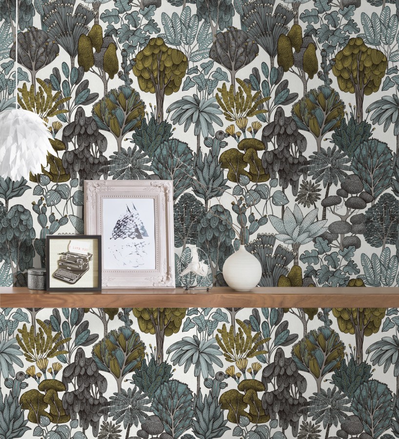 Papel pintado jardín botánico vintage fondo blanco nácar  Ananya Foliage 684805