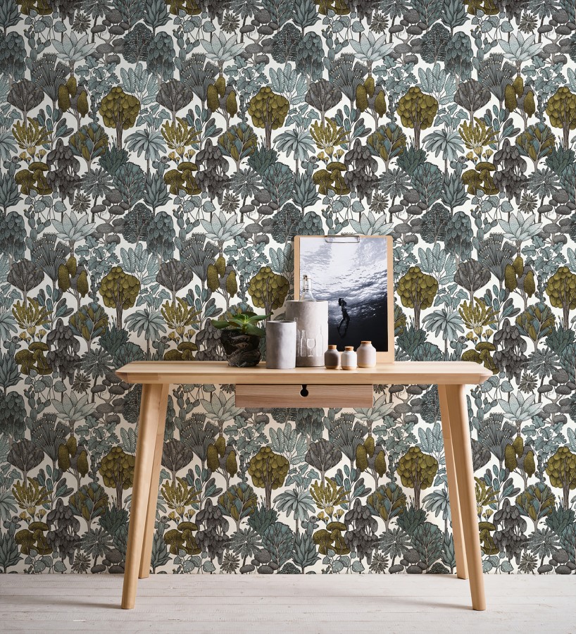 Papel pintado jardín botánico vintage fondo blanco nácar  Ananya Foliage 684805