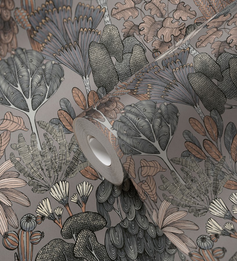 Papel pintado jardín botánico vintage fondo gris cálido  Ananya Foliage 684806