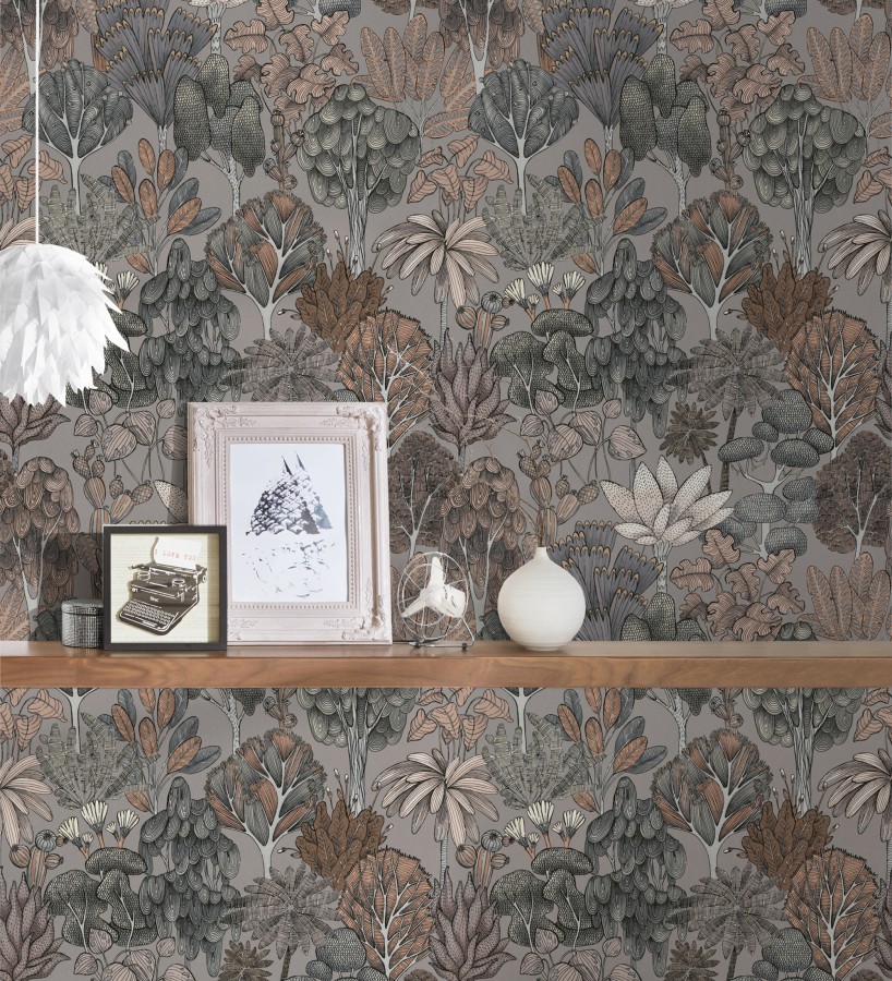Papel pintado jardín botánico vintage fondo gris cálido  Ananya Foliage 684806