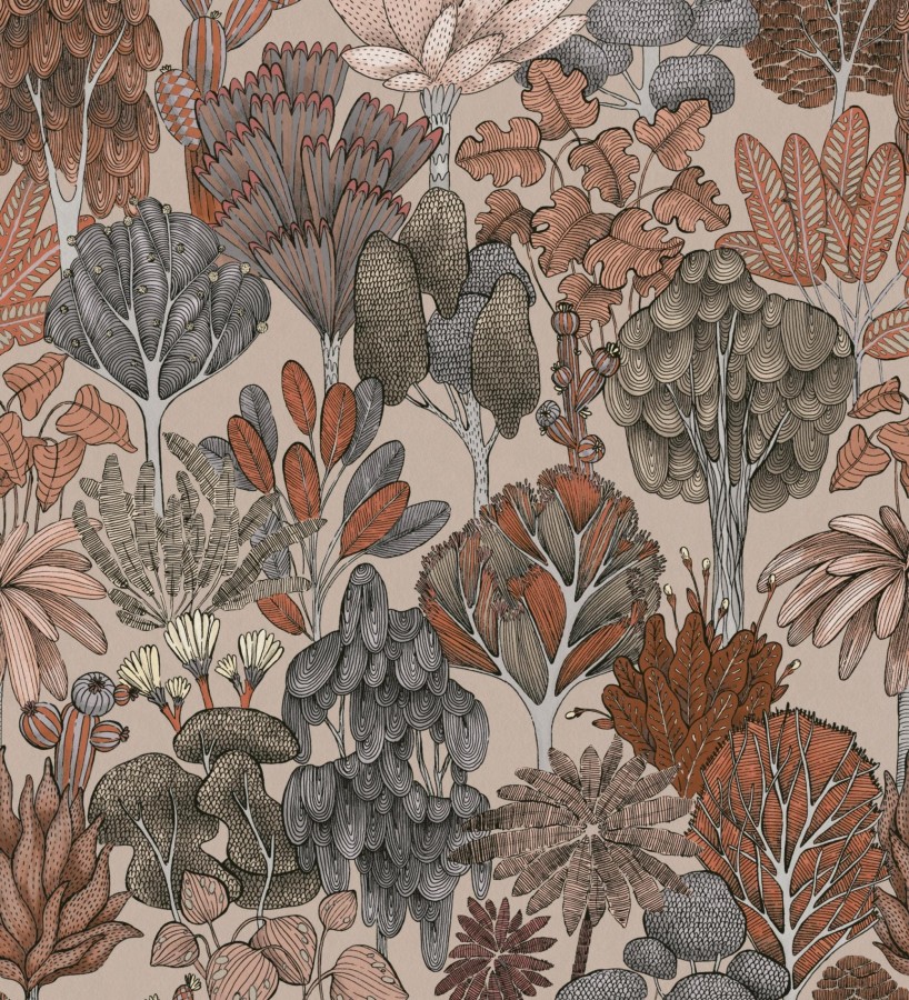 Papel pintado jardín botánico vintage fondo taupe  Ananya Foliage 684807