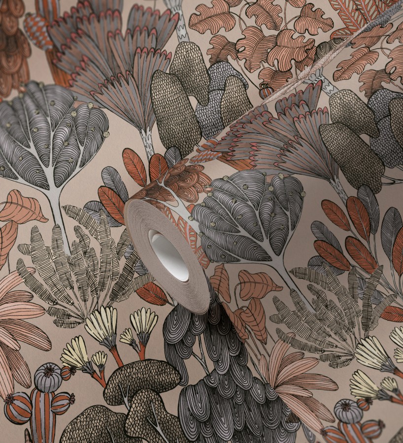 Papel pintado jardín botánico vintage fondo taupe  Ananya Foliage 684807