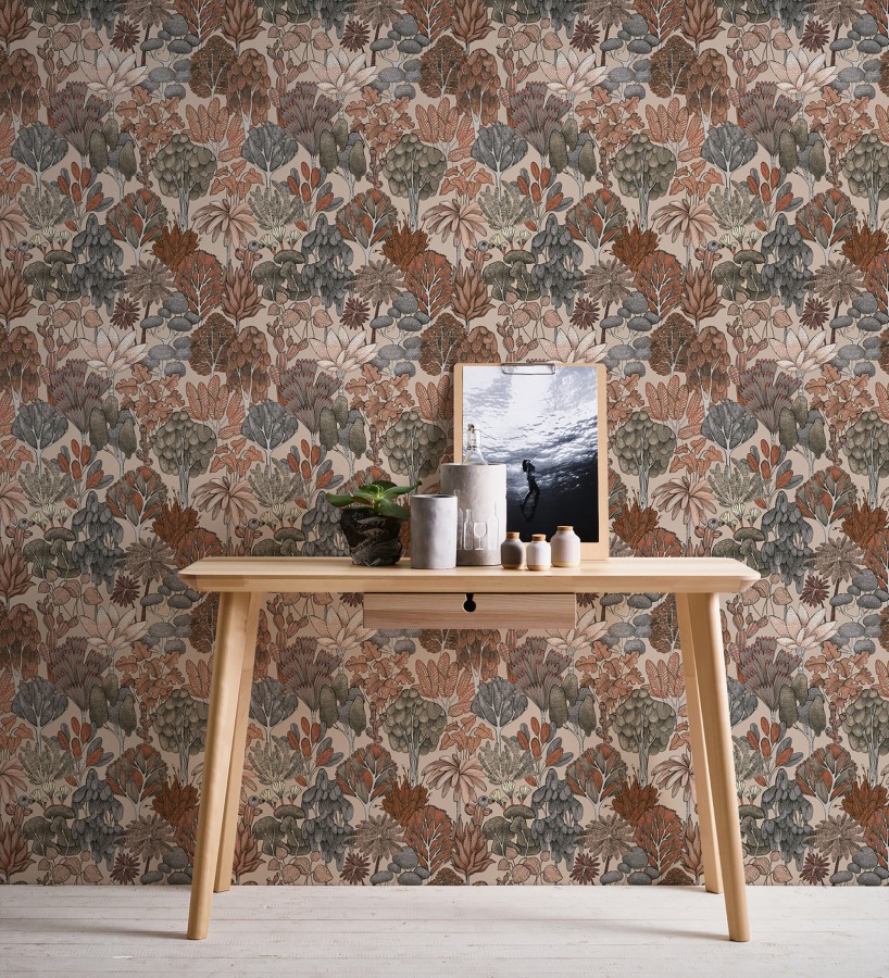 Papel pintado jardín botánico vintage fondo taupe  Ananya Foliage 684807
