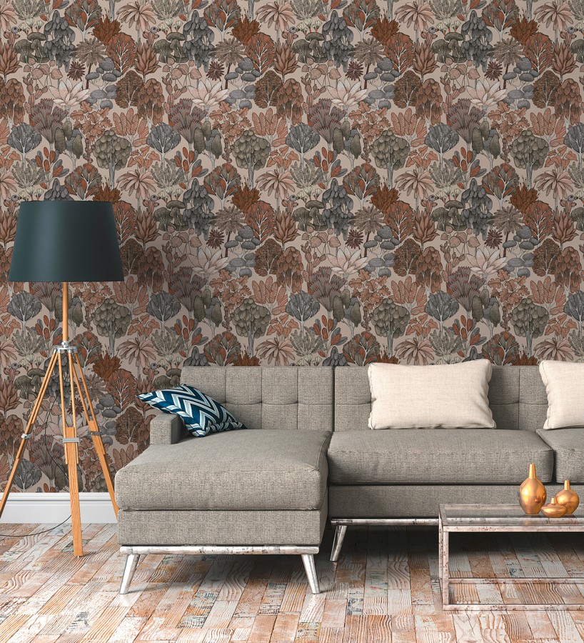Papel pintado jardín botánico vintage fondo taupe  Ananya Foliage 684807