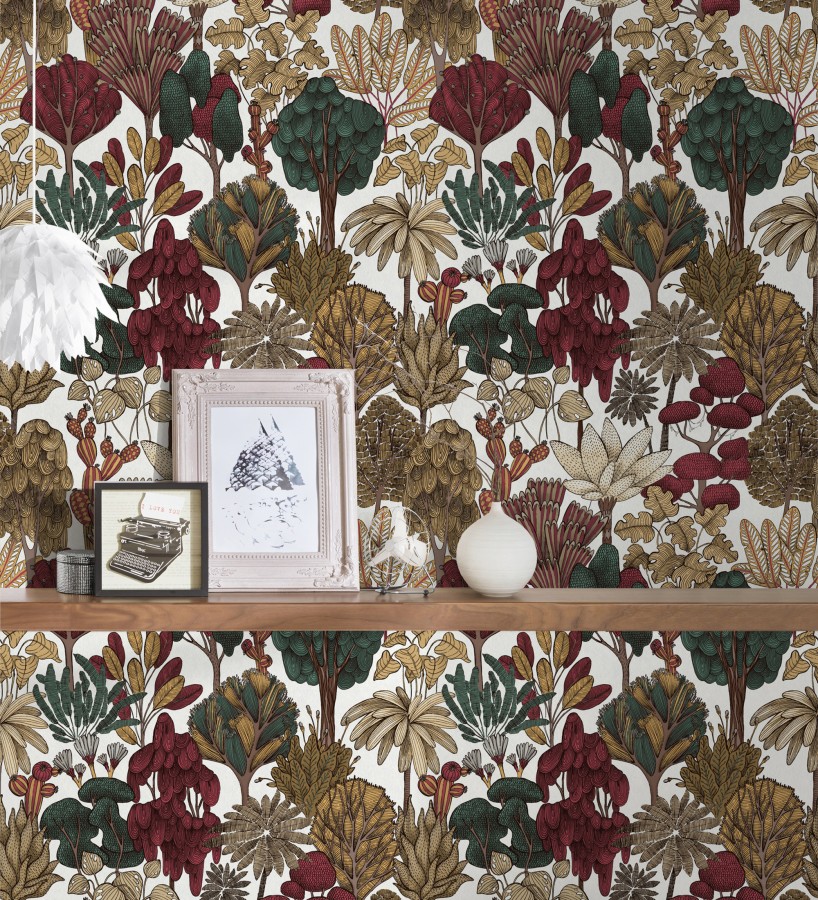 Papel pintado jardín botánico vintage fondo blanco nácar  Ananya Foliage 684809