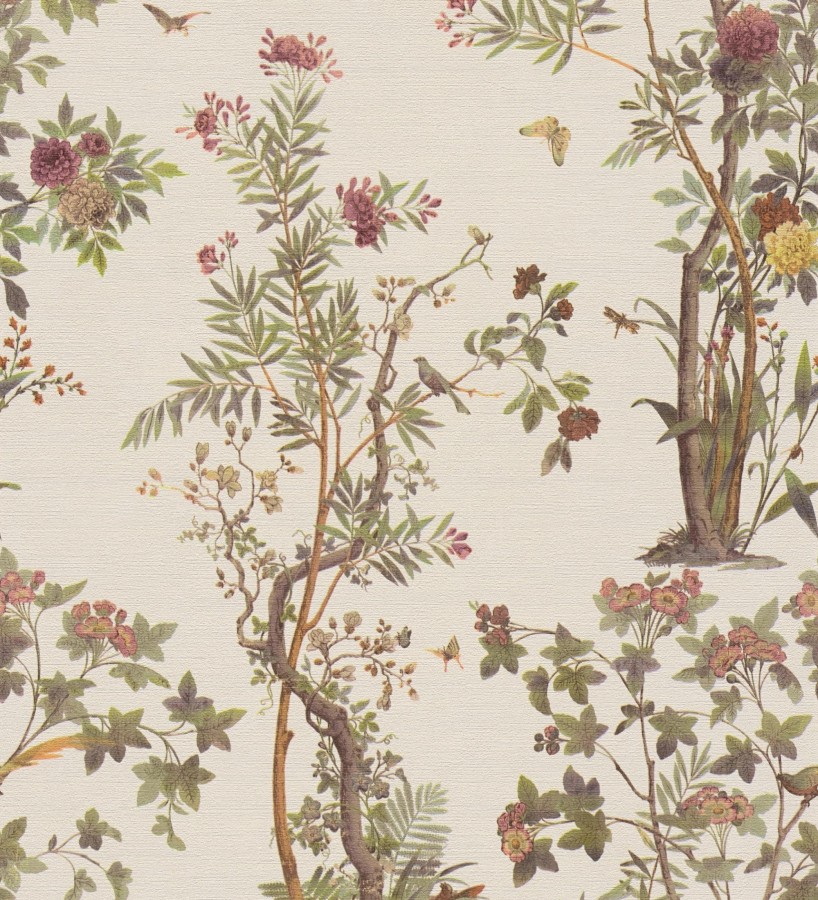 Papel pintado árboles y pájaros fondo textura textil nácar  Zalaya Etude 684810