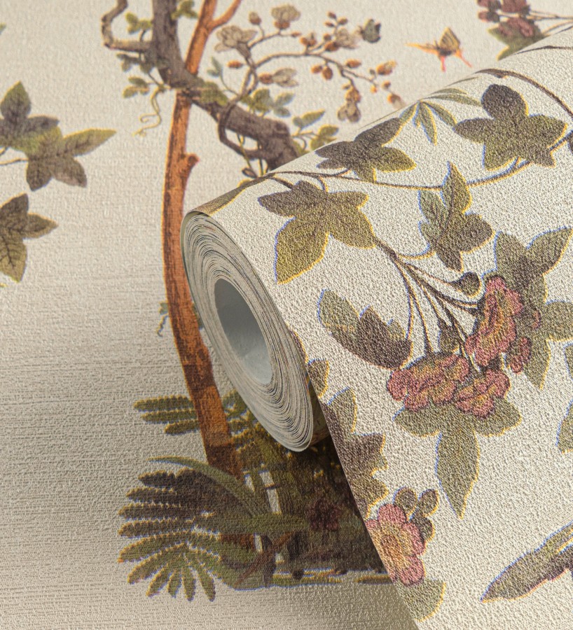 Papel pintado árboles y pájaros fondo textura textil nácar  Zalaya Etude 684810