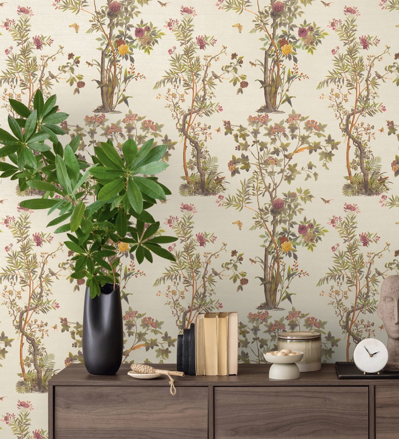 Papel pintado árboles y pájaros fondo textura textil nácar  Zalaya Etude 684810