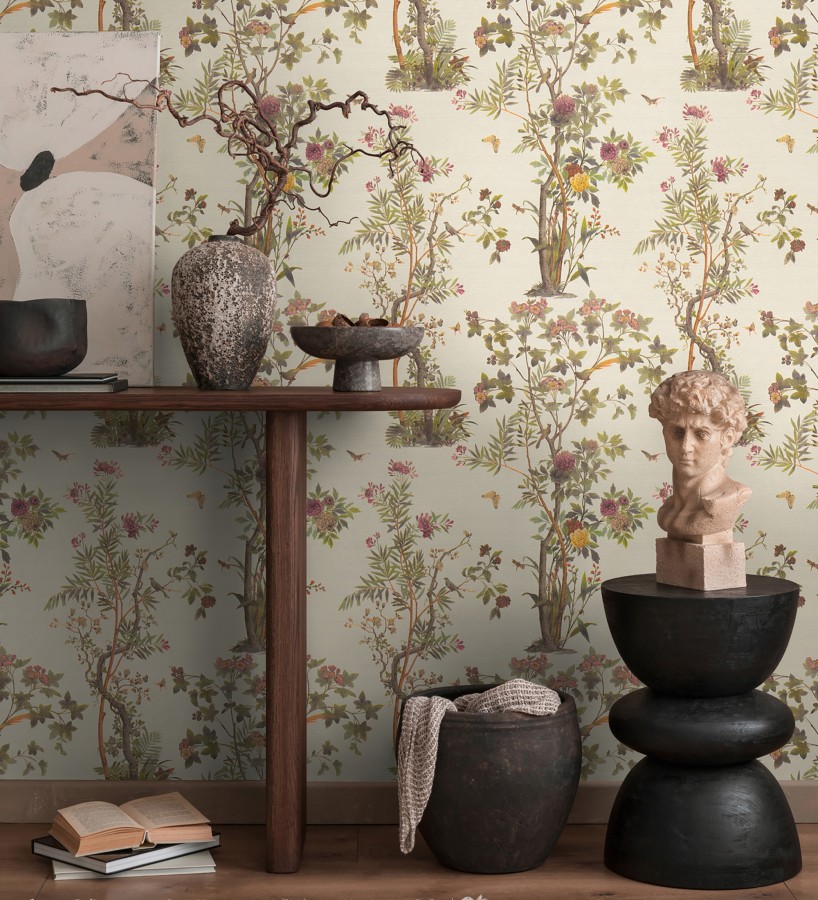 Papel pintado árboles y pájaros fondo textura textil nácar  Zalaya Etude 684810