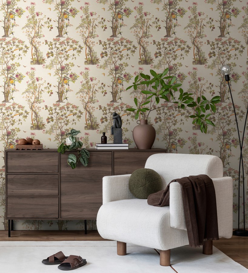 Papel pintado árboles y pájaros fondo textura textil nácar  Zalaya Etude 684810