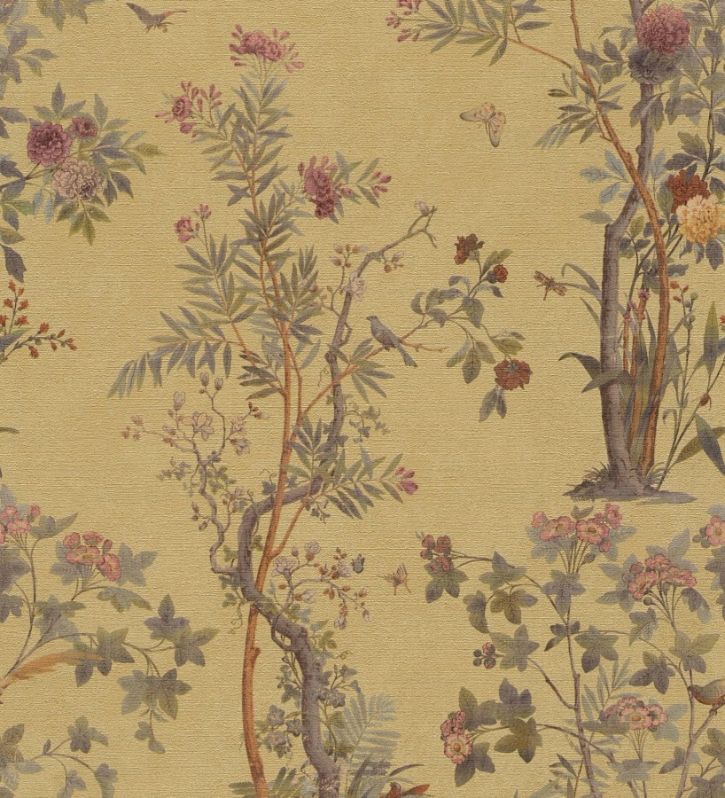 Papel pintado árboles y pájaros fondo textura textil oro  Zalaya Etude 684811