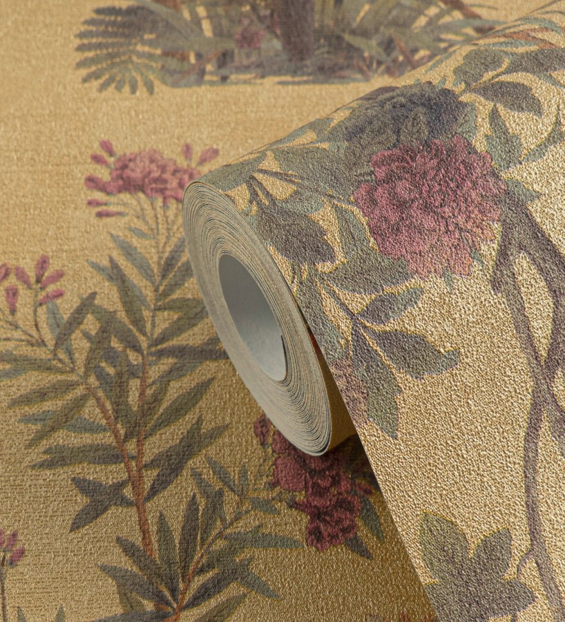 Papel pintado árboles y pájaros fondo textura textil oro  Zalaya Etude 684811