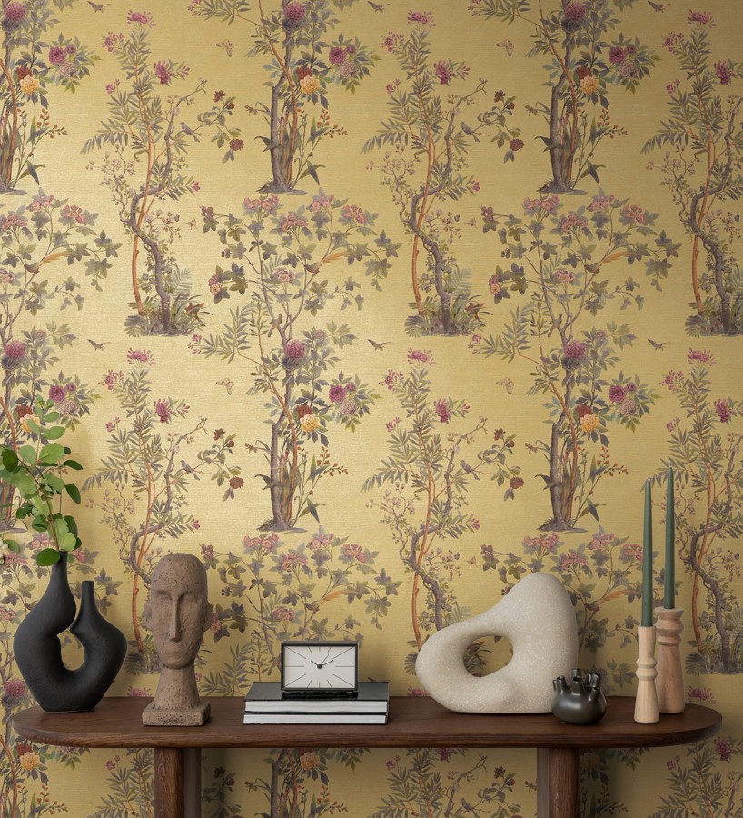 Papel pintado árboles y pájaros fondo textura textil oro  Zalaya Etude 684811