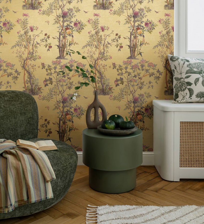 Papel pintado árboles y pájaros fondo textura textil oro  Zalaya Etude 684811