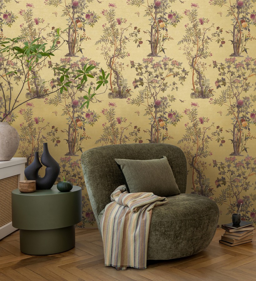Papel pintado árboles y pájaros fondo textura textil oro  Zalaya Etude 684811
