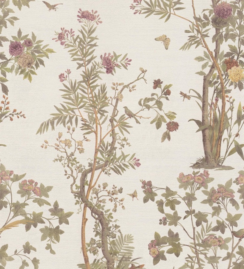 Papel pintado árboles y pájaros fondo textura textil blanco roto  Zalaya Etude 684812