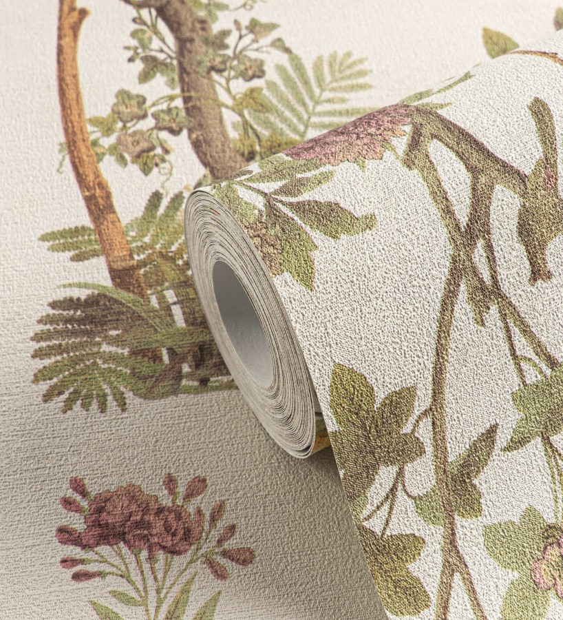 Papel pintado árboles y pájaros fondo textura textil blanco roto  Zalaya Etude 684812